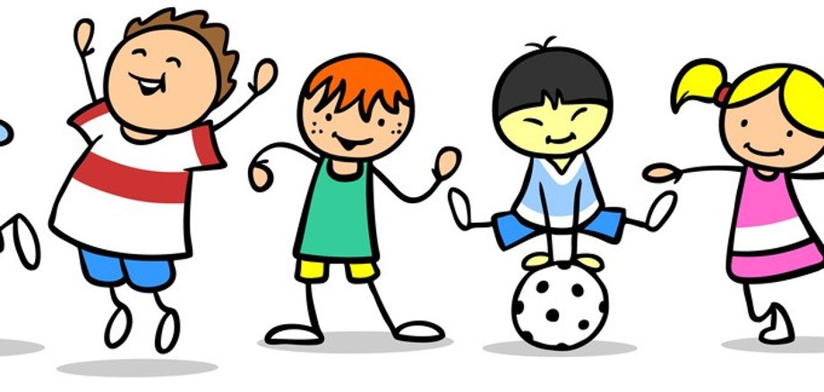 Grafik mit glücklichen Kindern. Sie hüpfen und spielen mit einem Ball.